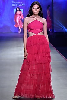 Fuschia Pink Backless Ruffled Gown by Deme by Gabriella