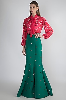 Green Embroidered Gown Skirt by ANAND BHUSHAN