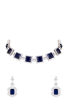 White Finish Faux Pearl, Diamond & Blue Stone Choker Necklace Set With Ring by Aster