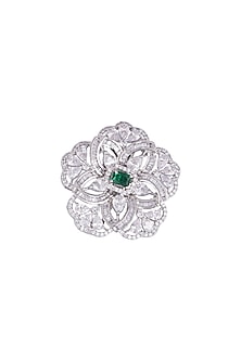 White Finish Faux Diamonds & Green Stone Ring by Aster