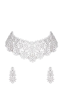 Silver plated faux diamond choker necklace set by Aster