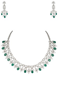 Silver plated diamond and emerald necklace set by Aster