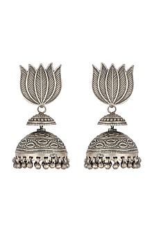 Oxidised Silver Finish Lotus Earrings by Auraa Trends