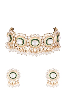 Gold Finish Green Meenakari Necklace Set by Auraa Trends
