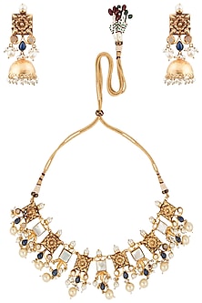 GOLD FINISH TEXTURED STONES AND PEARLS NECKLACE SET by CHHAVI'S JEWELS