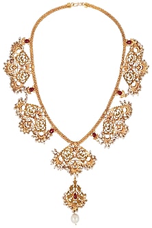 GOLD FINISH RED STONE AND PEARLS TEXTURED MOTIF NECKLACE by CHHAVI'S JEWELS