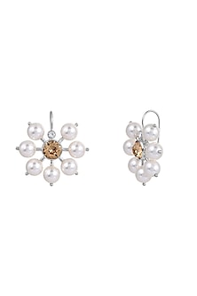 Gold Finish Sparkly Earrings With Swarovski Crystals & Pearls by Isharya X Confluence
