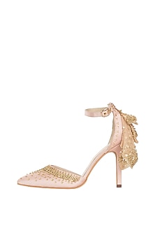 Champagne gold embroidered ruffle stilettos by Papa Don't Preach by Shubhika