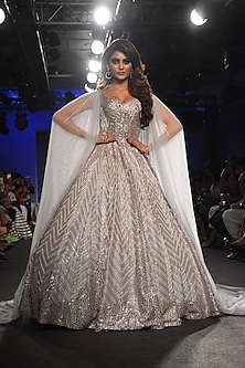 Grey Embroidered Gown With Cape by Pink Peacock Couture
