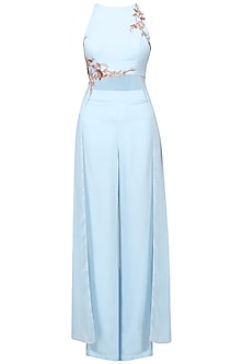 Powder Blue Embroidered Crop Top with Palazzo Pants Set