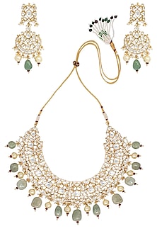 GOLD PLATED SEA GREEN AND WHITE STONES AND PEARLS NECKLACE SET by RIANA JEWELLERY