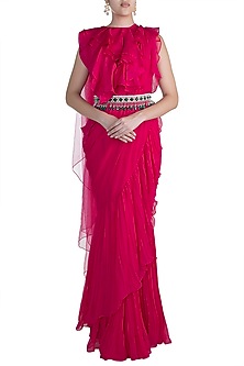 Red Ruffled Saree Set With Jewel Stone Belt by Ridhi Mehra