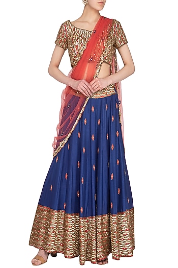 Royal Blue & Coral Pink Embroidered Lehenga Set Design by Roora by ...