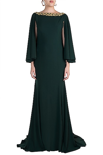Dark Green Embroidered Fishtail Gown With Attached Cape Design by RS by ...