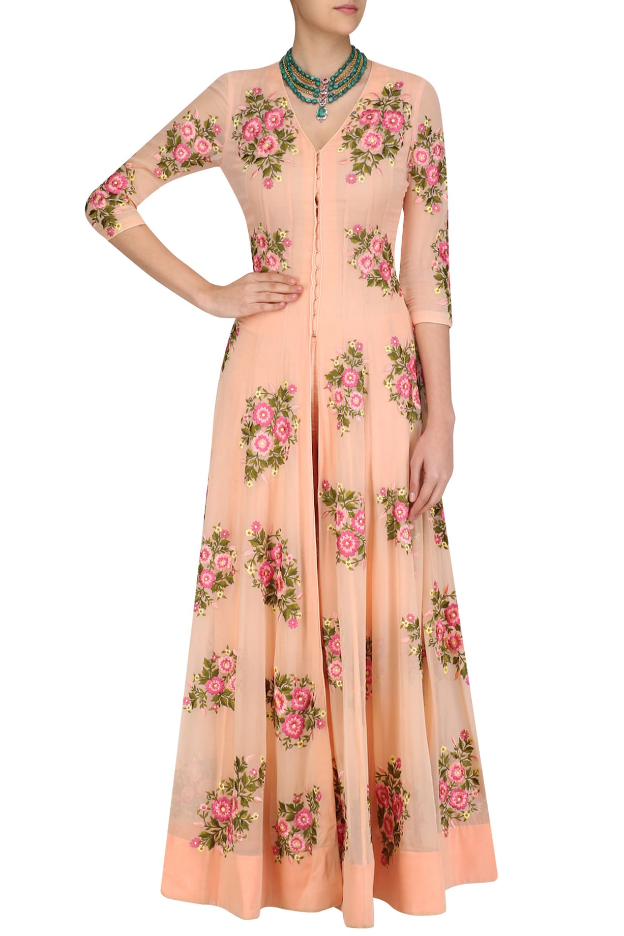 Peach floral motifs anarkali and straight pants set available only at ...