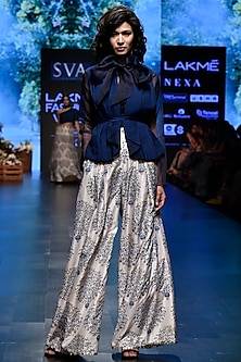 Blue Printed Palazzo Pants With Shirt, Bustier & Waist Coat by SVA BY SONAM & PARAS MODI