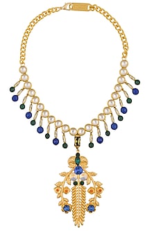 Gold Finish Multicolor Stone Abstract Pendant Necklace by Valliyan by Nitya Arora